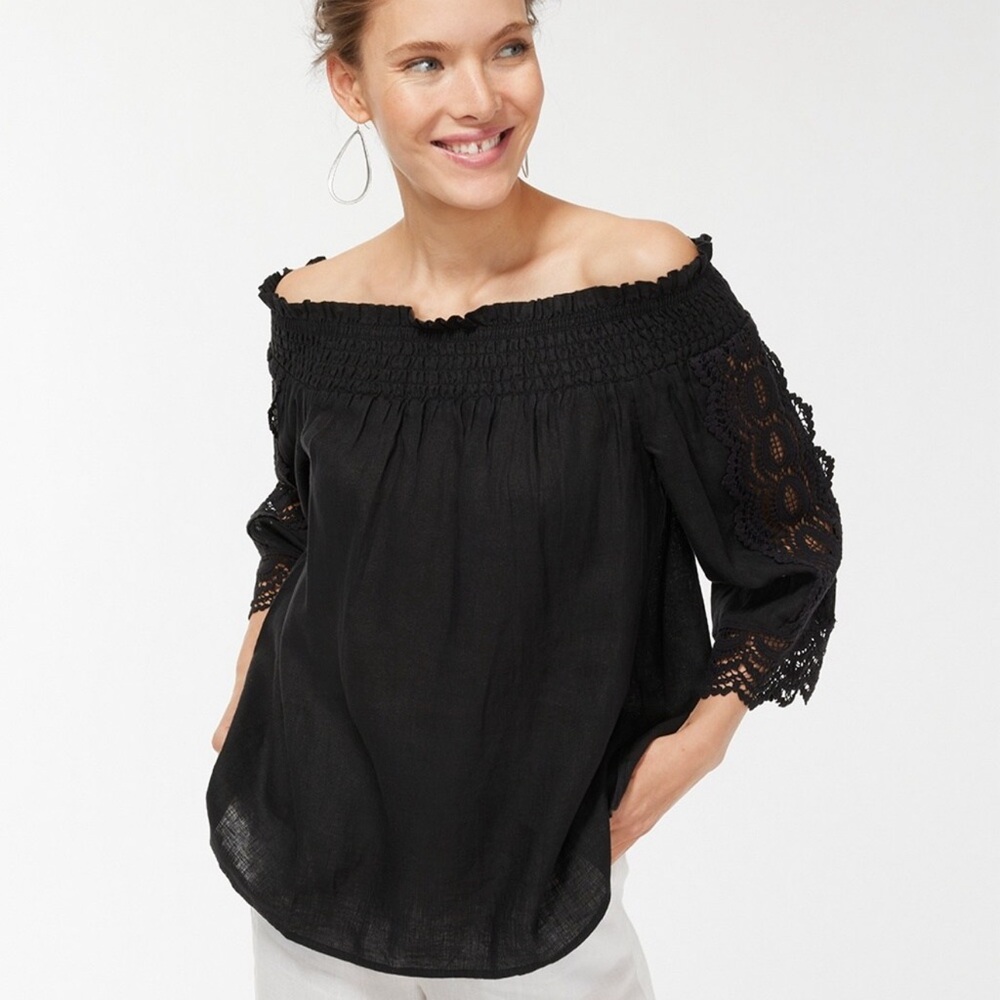 Linen Off-Shoulder Cutwork Top, Chicos Sz 2 (Size 12) Black, NWOT